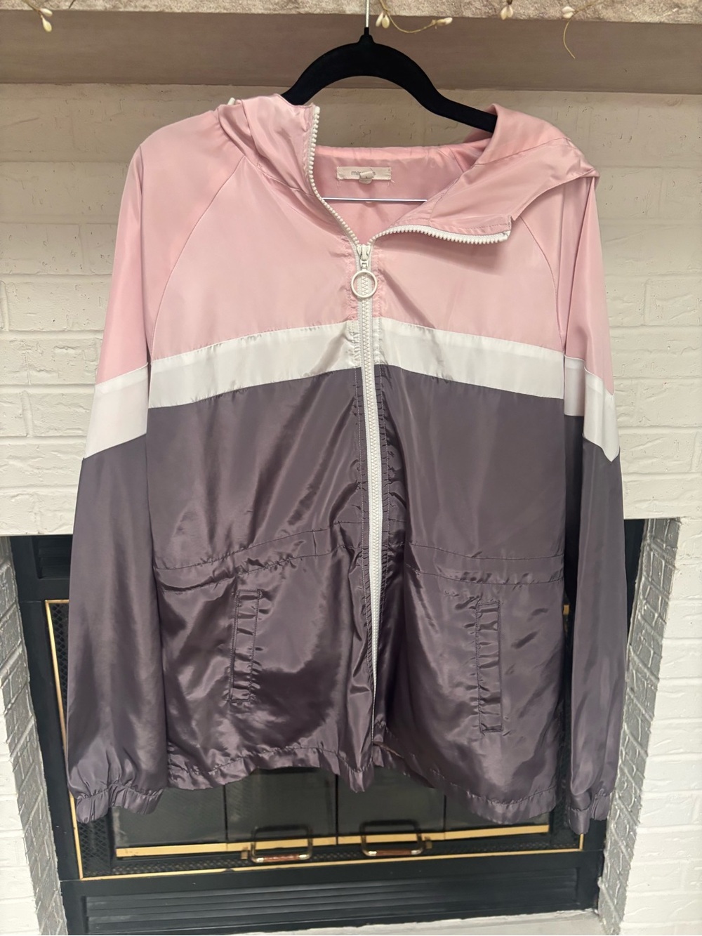 Maurices Pink, White & Gray Hooded Colorblock Bomber Jacket